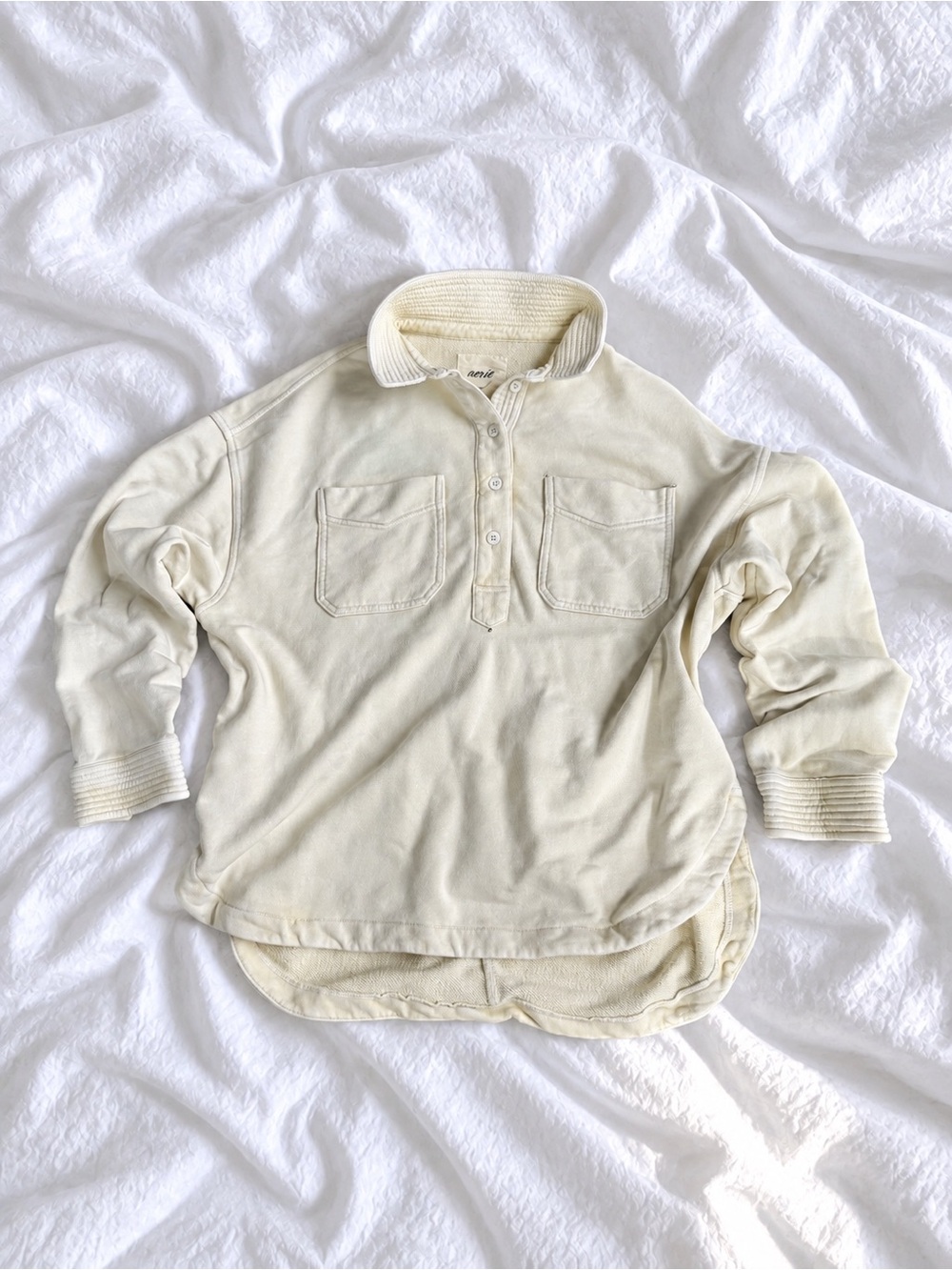 aerie Cream Long-Sleeve Henley Pullover with Chest Pockets